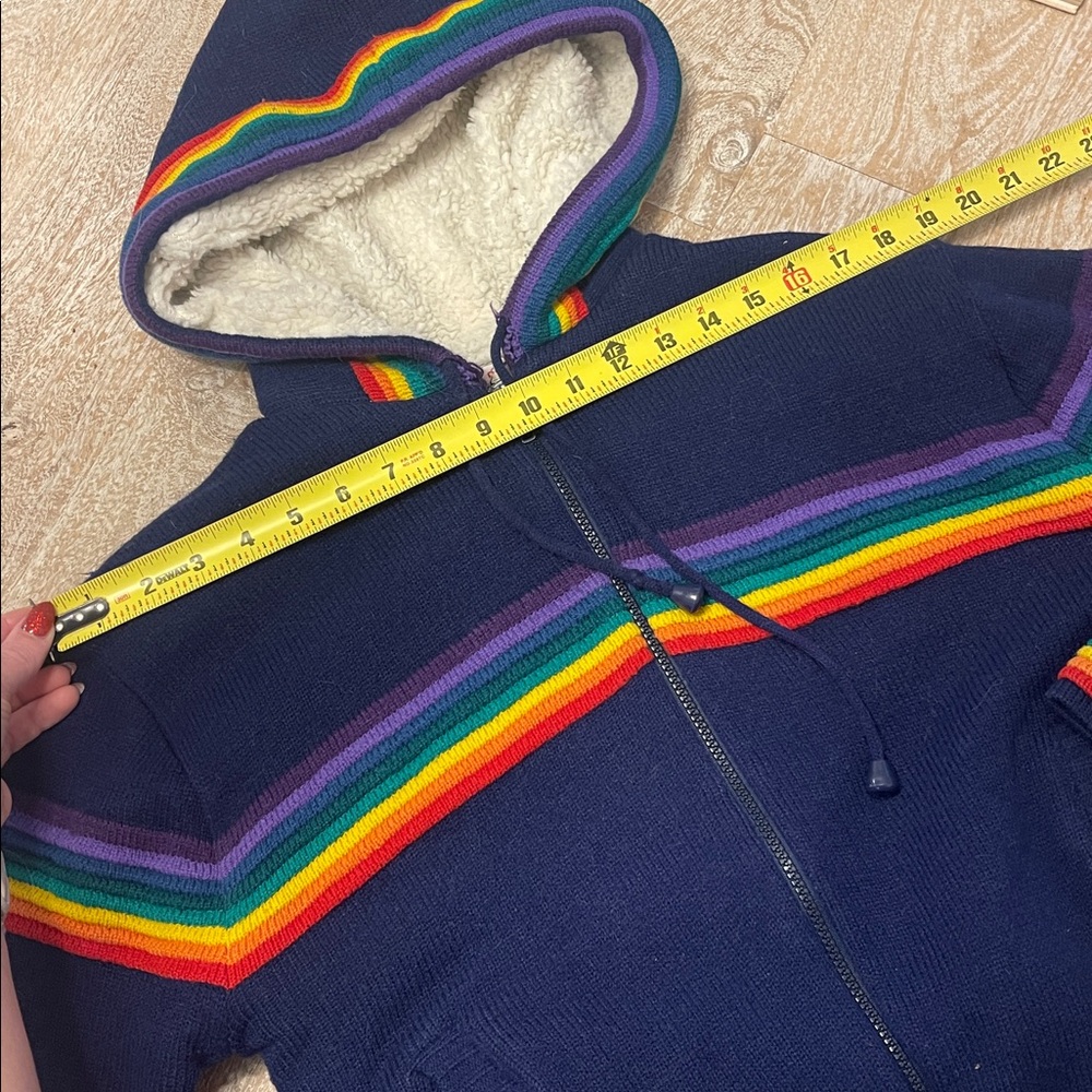 Vintage 60s 70s Navy blue Rainbow Hooded Sherpa lined Jacket Coat - Picture 5 of 8